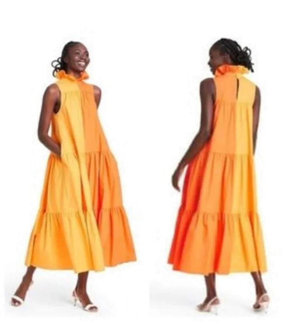 Christopher John Rogers Tiered Dress Size XXS Orange Yellow Color Block